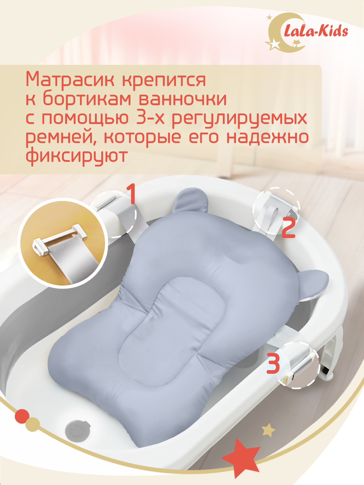 Складная ванночка для купания LaLa-Kids с термометром складным ковшом и матрасиком в комплекте - фото 16