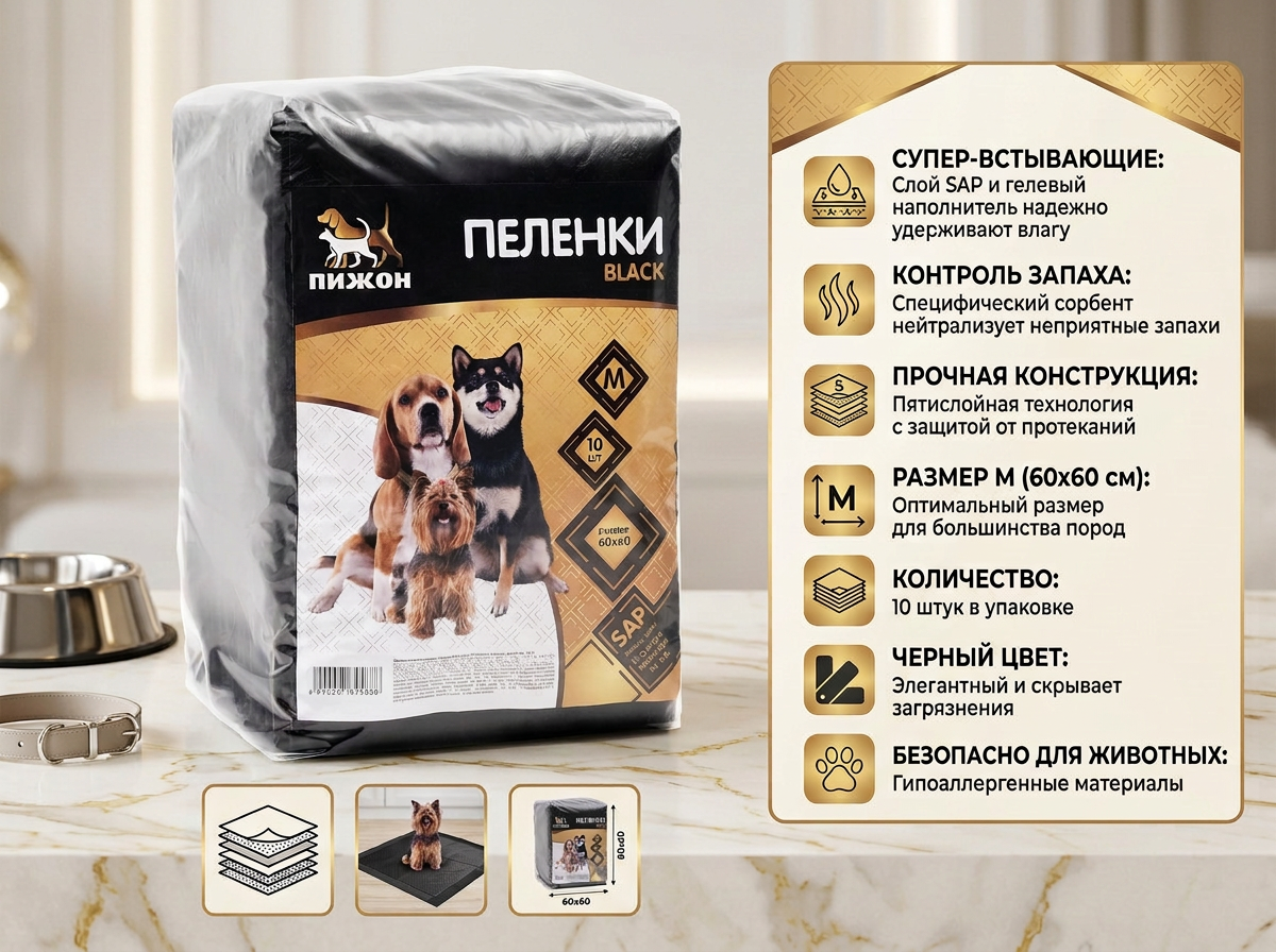Пеленки для животных Пижон «Black» 60 х 60 см 10 штук - фото 1