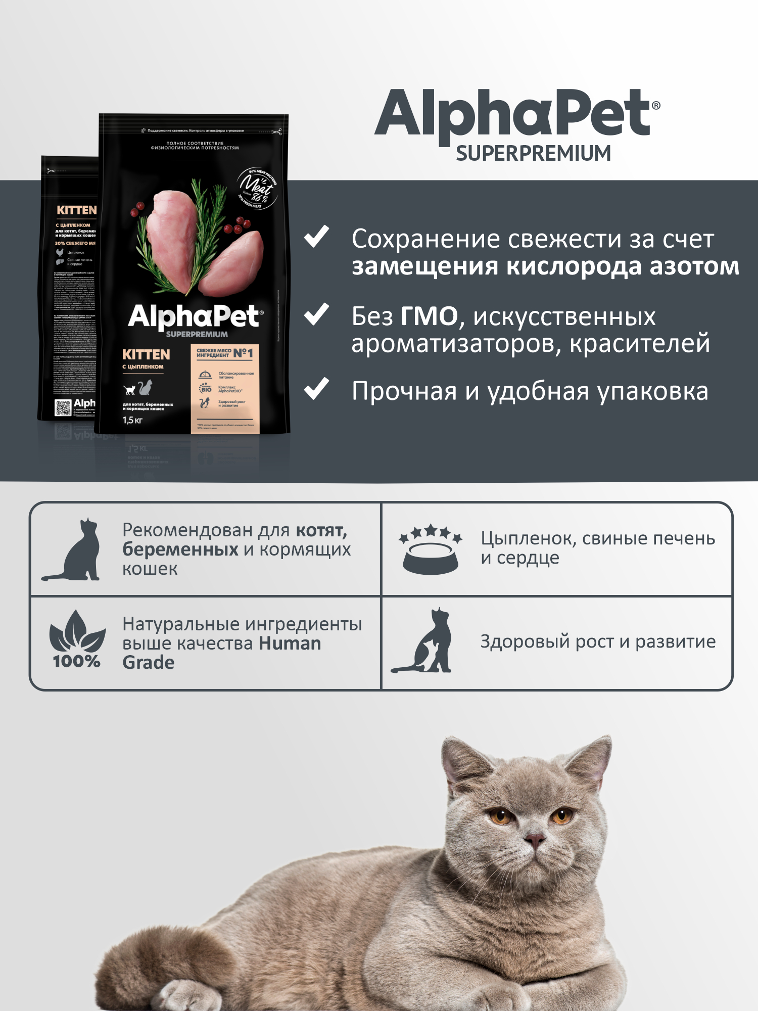 Сухой полнорационный корм холистик AlphaPet с цыпленком для котят, беременных и кормящих кошек AlphaPet Superpremium 1,5 кг - фото 4