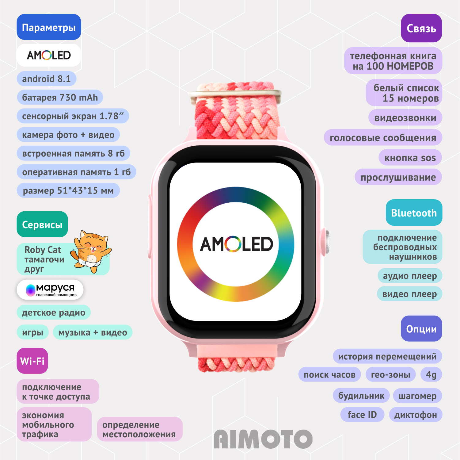 Детские смарт часы 4G + SIM-карта Aimoto Infinity (розовый) Amoled 1.78 Видеомониторинг Маруся Ватсап Телеграм + GPS - фото 8