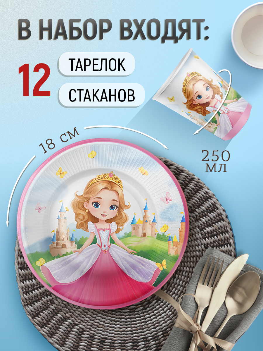 Посуда одноразовая для девочки Империя поздравлений Набор тарелок и стаканов Сказочная принцесса - фото 2