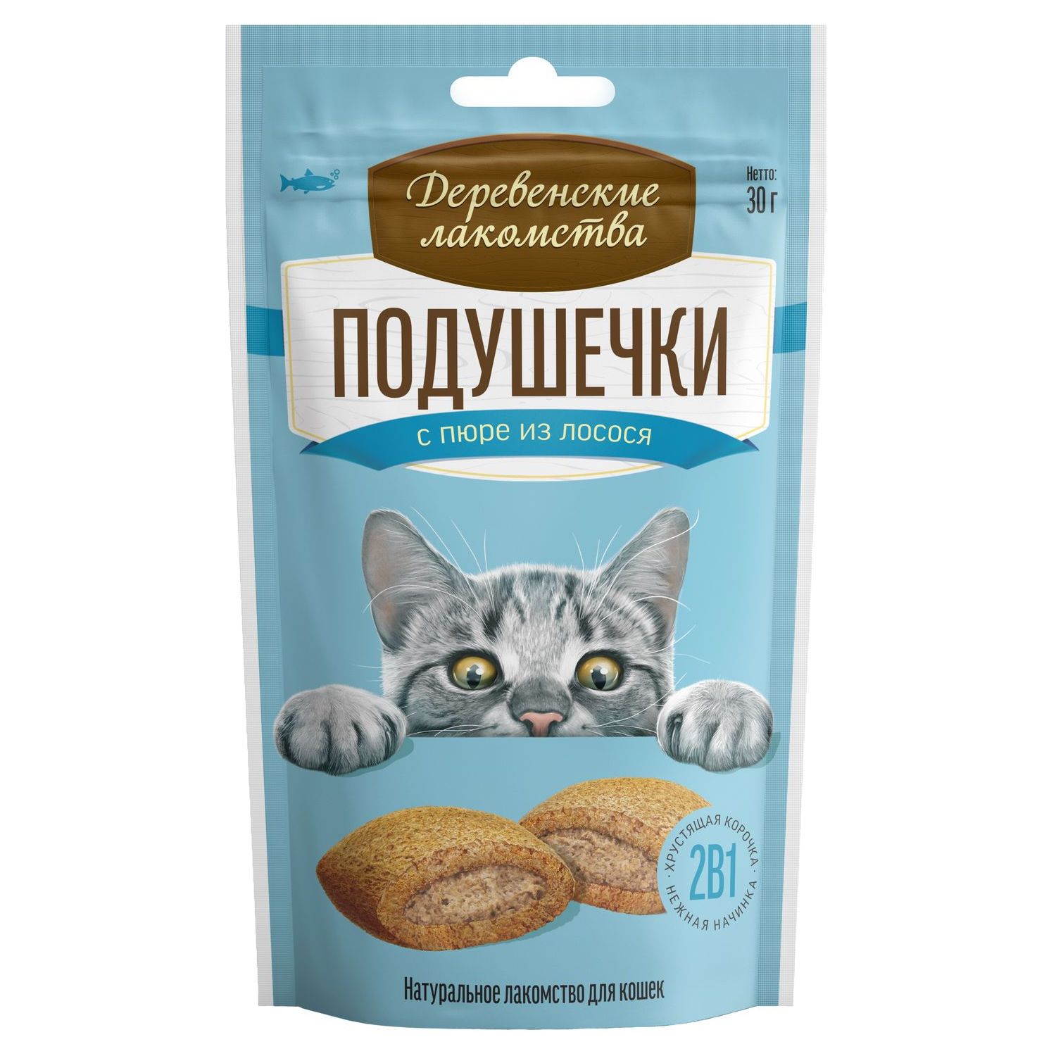 Лакомство для кошек Деревенские лакомства подушечки с пюре из лосося 30г - фото 1