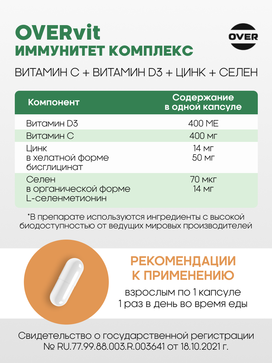 Комплекс витаминов OVER для поддержания иммунитета С+D+Цинк+Селен 30 капсул - фото 3