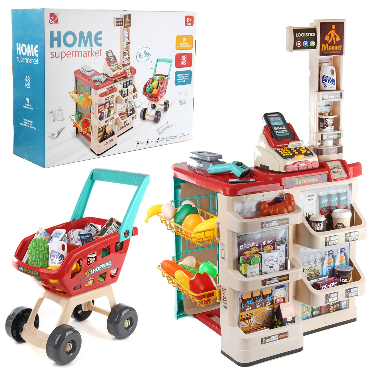 Игровой набор Veld Co тележки и корзинки, прилавок, касса, продукты - фото 1