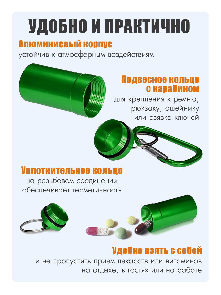 Капсула-брелок Solaris с карабином 22мм*53мм Зеленая S6715green - фото 2