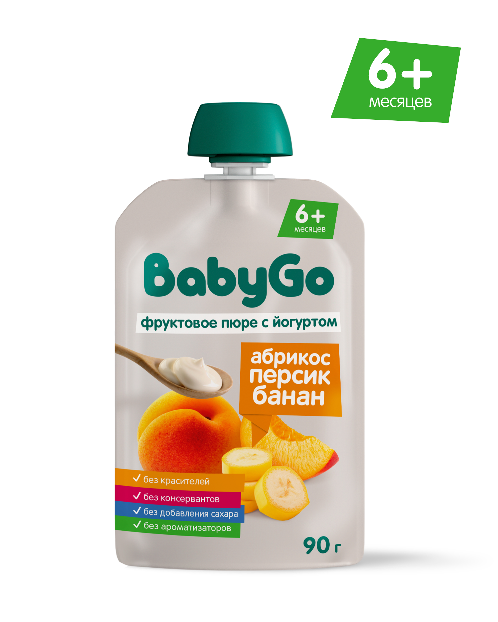 Пюре BabyGo с йогуртом банан абрикос персик с 6 мес 90 г - фото 1