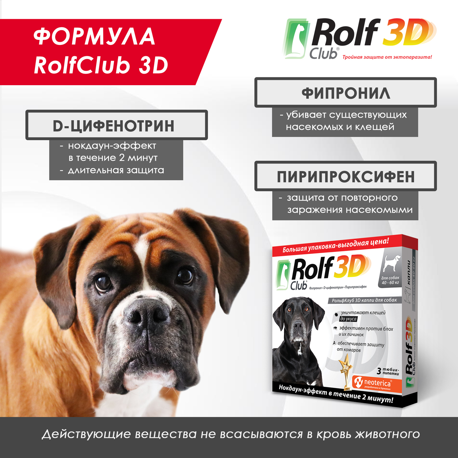 Капли для собак RolfClub 3D 40-60кг от блох и клещей 3пипетки - фото 6