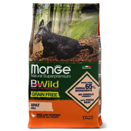Корм для собак MONGE BWild Grain free Mini мелких пород из мяса утки с картофелем 2.5кг