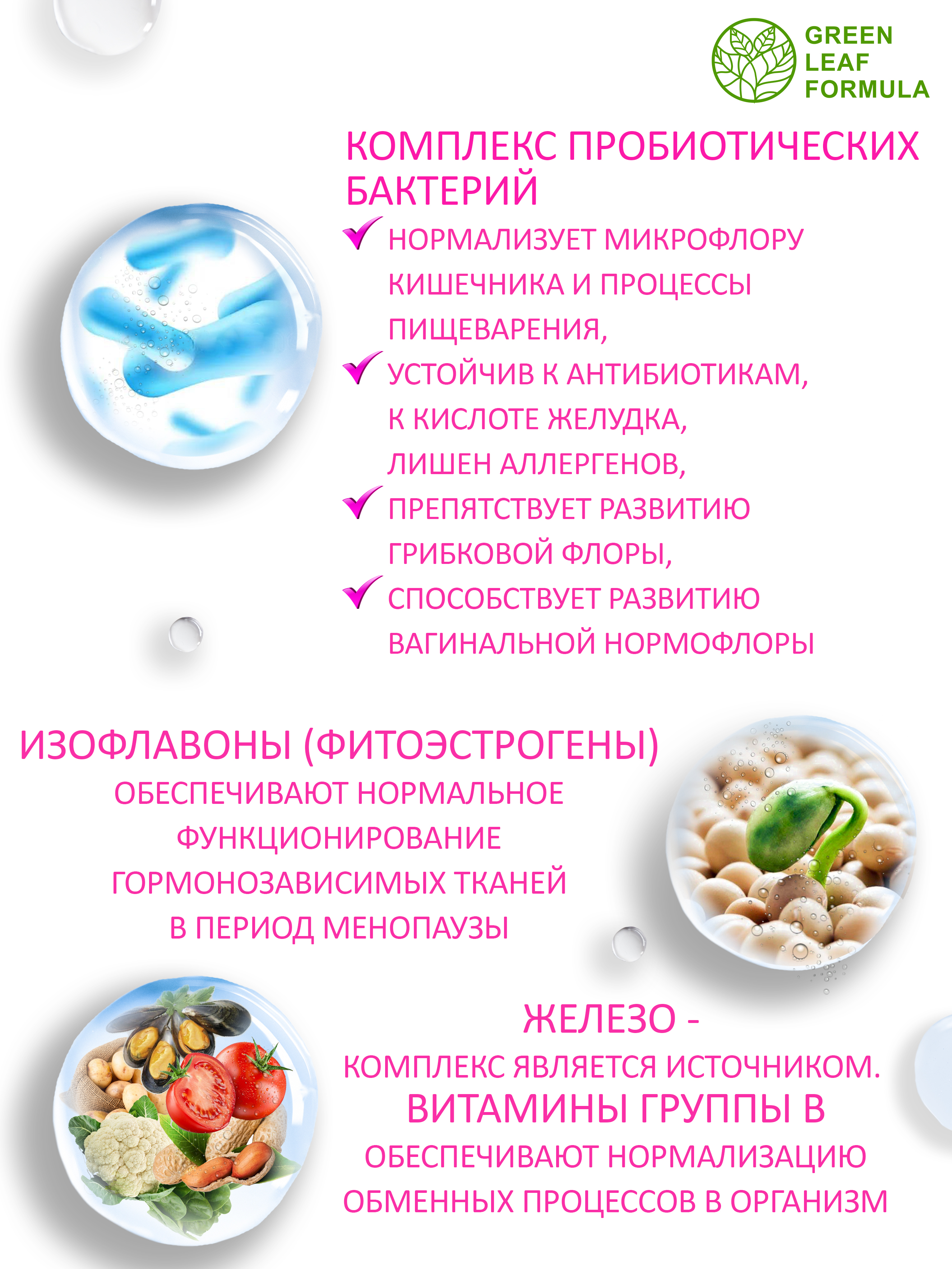Пробиотики для женщин Green Leaf Formula для интимного здоровья фитоэстрогены от климакса железо витамины - фото 4