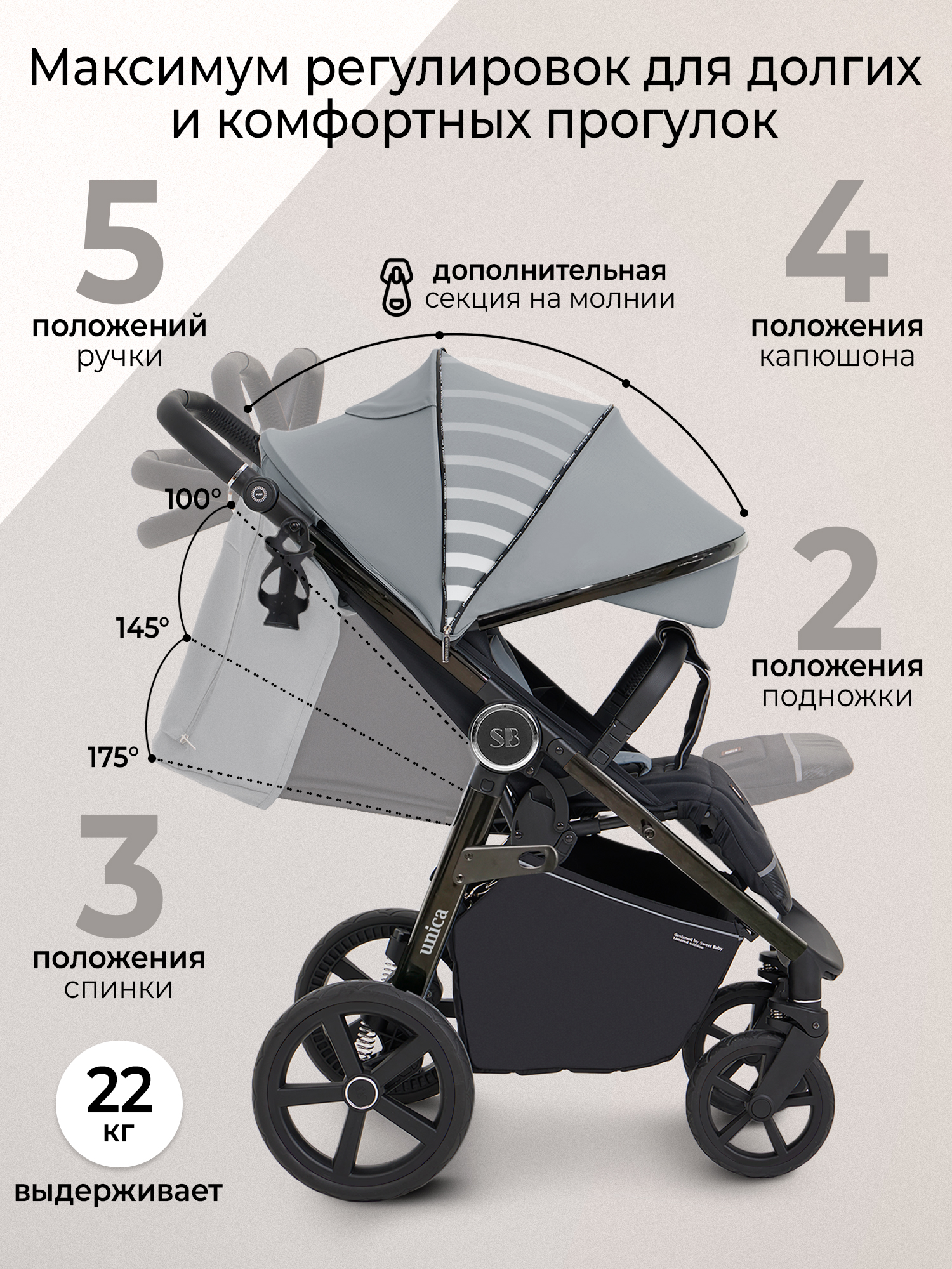 Коляска прогулочная Sweet Baby Unica Grey серый - фото 4