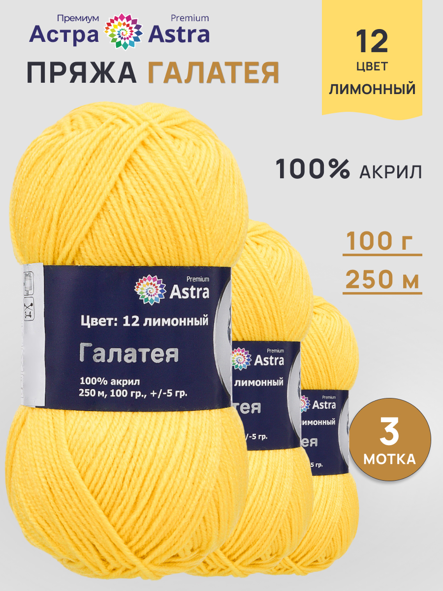 Пряжа Astra Premium Галатея акриловая 100 г 250 м 12 лимонный 3 мотка - фото 1