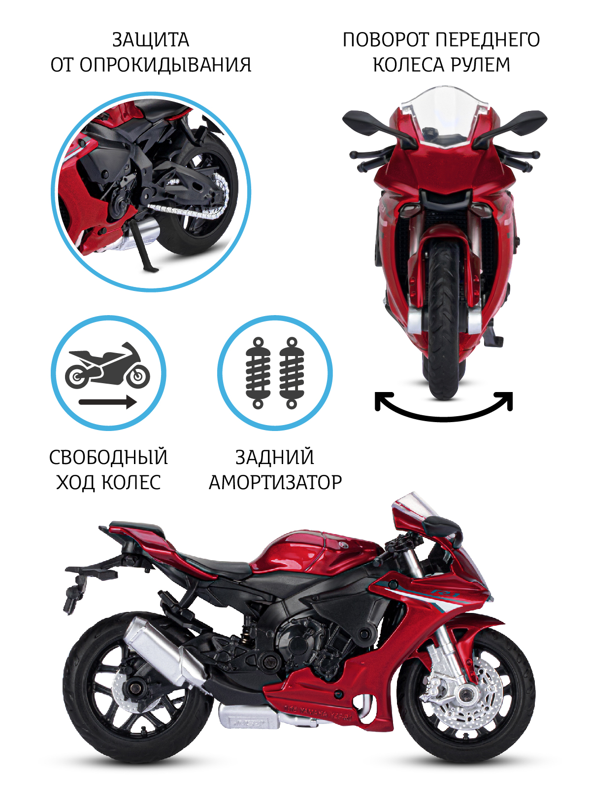 Мотоцикл АВТОпанорама Yamaha YZF R1 1:18 JB1251766 - фото 2