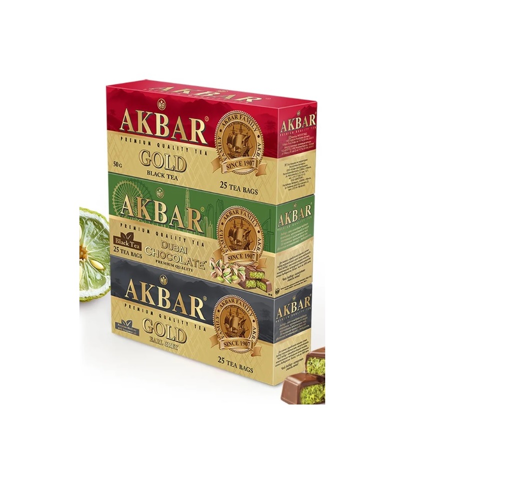 Чай Akbar Дубайский шоколад + черный Голд + черный Граф Грей Голд 25 пакетов х3 Блок - фото 1