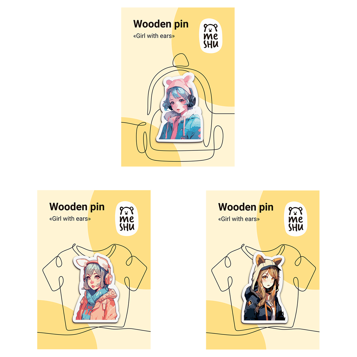 Значок Meshu Girls with ears 3 шт. - фото 1