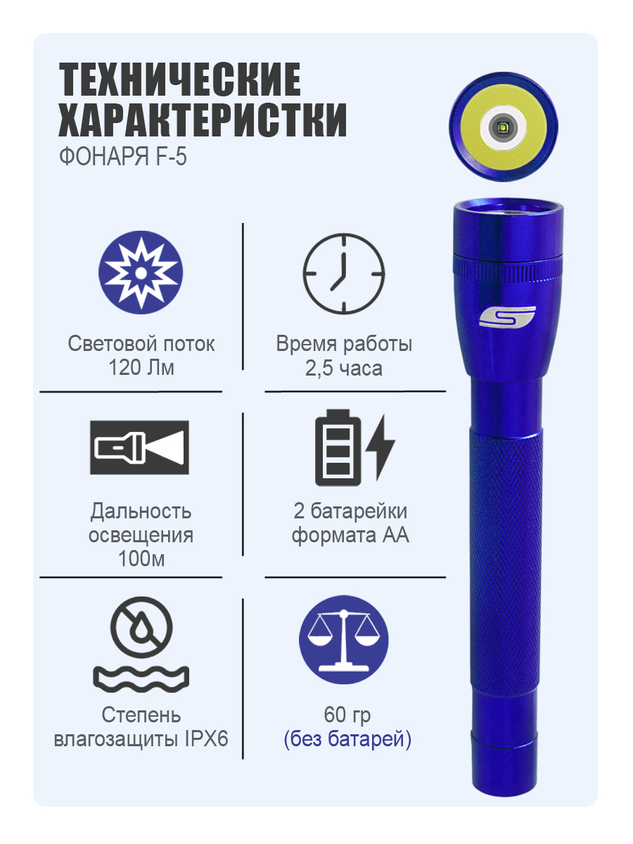 Ручной фонарь Solaris Синий светодиодный F-5 - фото 2