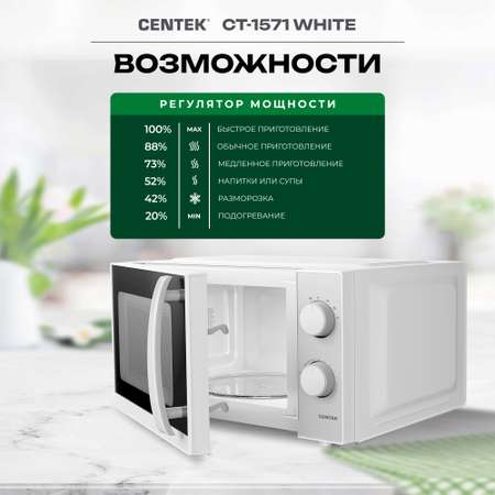 Микроволновая печь CENTEK CT-1571 Белая 700Вт 20л 6 режимов подсветка открывание дверцы ручкой
