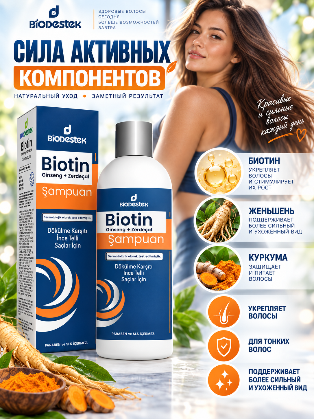 Шампунь DESTEK Биотин женьшень и куркума 330 мл - фото 2