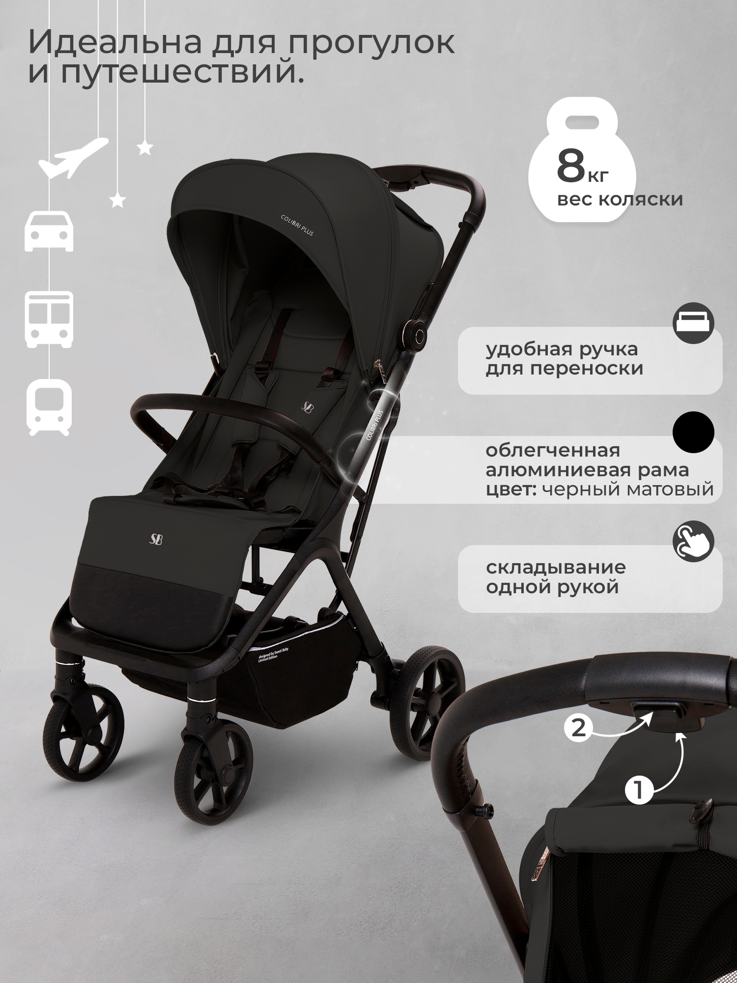 Коляска прогулочная Sweet Baby Colibri Plus Black черный - фото 3