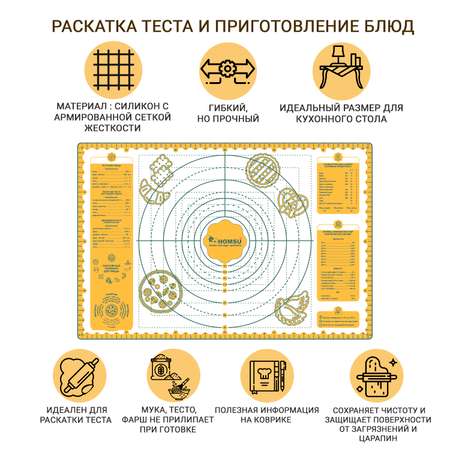 Силиконовый коврик Homsu для раскатки теста и выпекания в духовке с рецептами