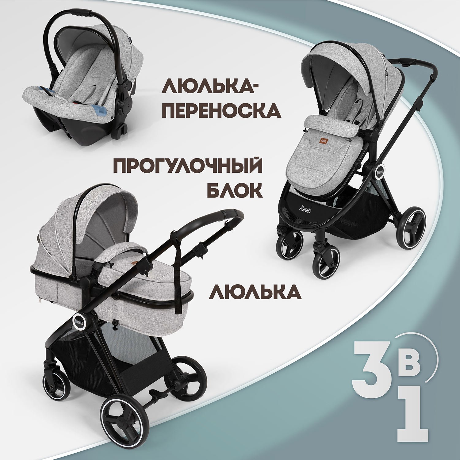 Коляска 3в1 Nuovita Luno 3 в 1 белый - фото 1
