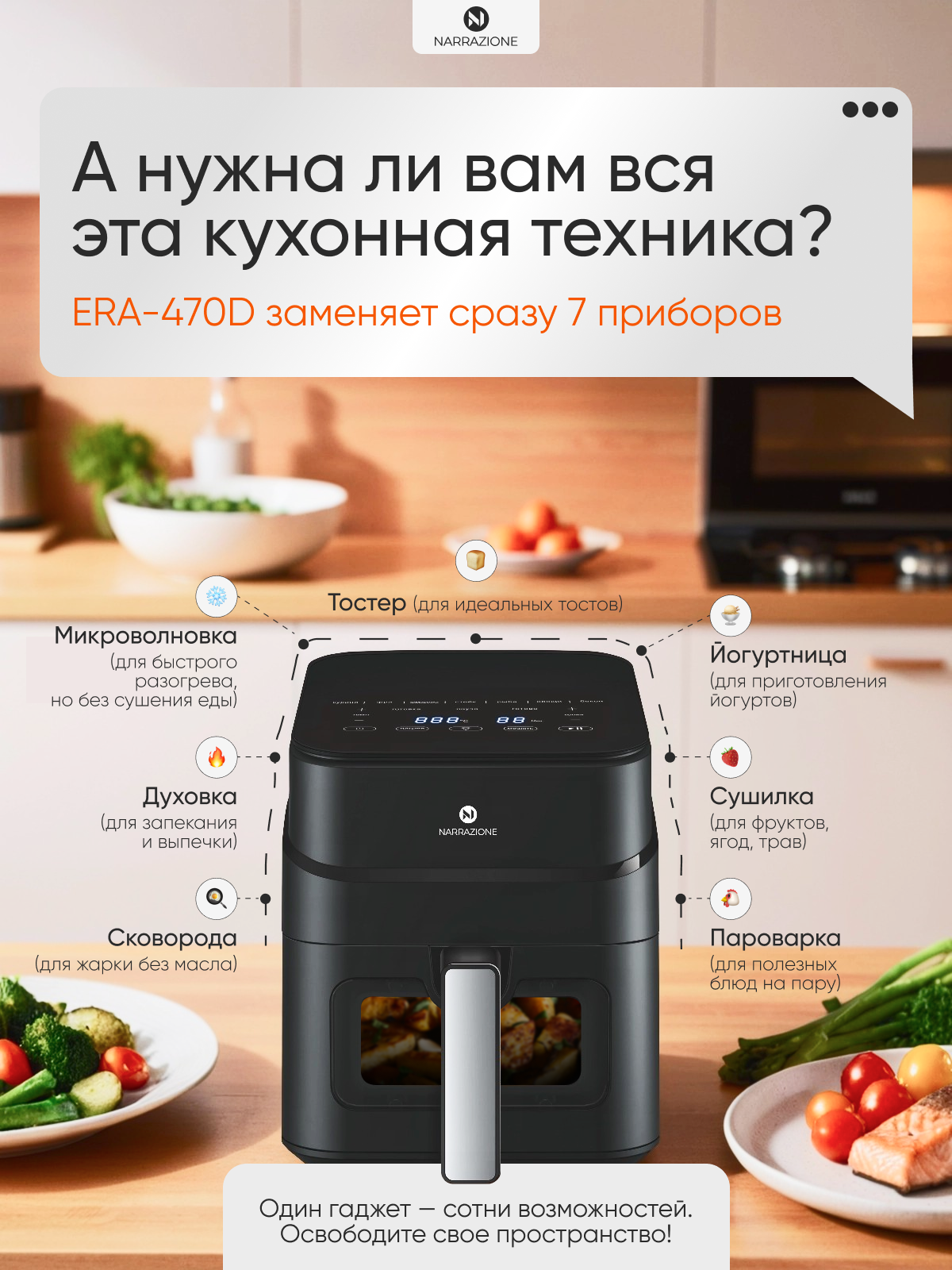Аэрогриль 0 eight ERA470D с чашей и решеткой 4л 1245вт 9 программ - фото 2