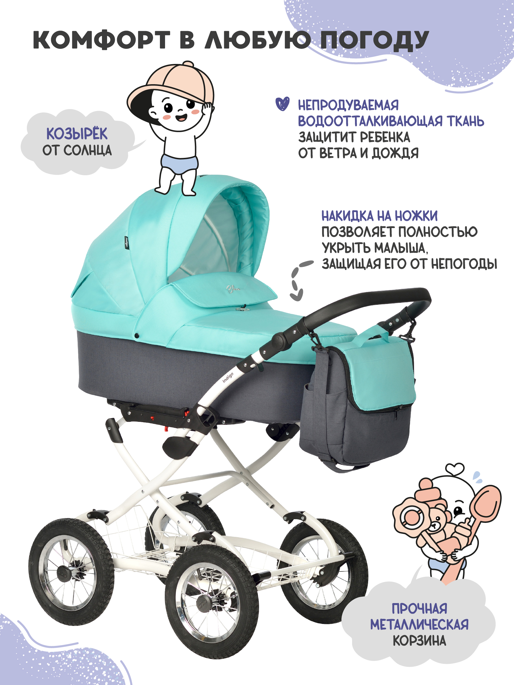 Коляска люлька Indigo Blues Classic 07 мятный - фото 4