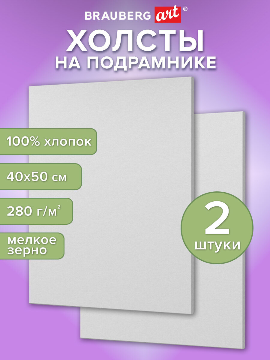 Холст для рисования Brauberg на подрамнике 40х50 см грунтованный 100% хлопок набор 2 штуки - фото 1