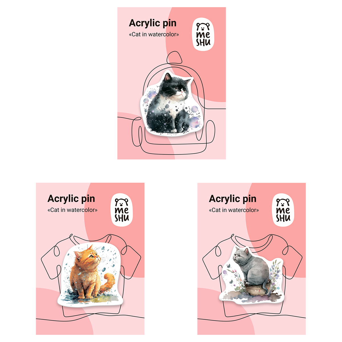 Значок Meshu Cats in watercolor 3 шт. - фото 1