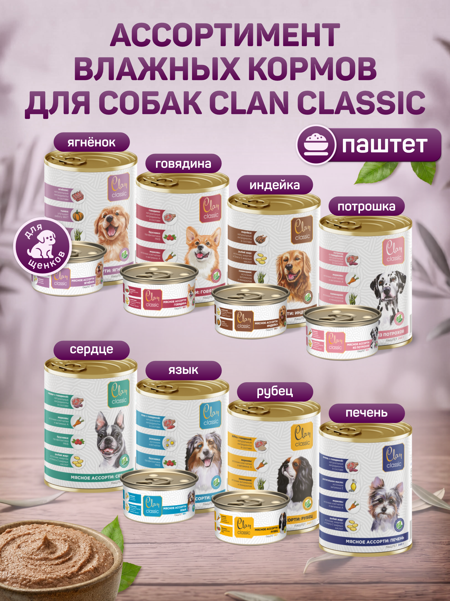 Корм для щенков влажный Clan Classic Мясное ассорти с ягненком паштет ж/б 100г 6 шт. - фото 7