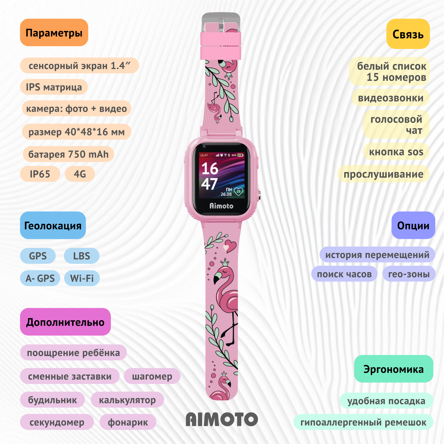 Детские смарт-часы Aimoto Pro 4G GPS с SIM картой в комплекте цвет фламинго - фото 6