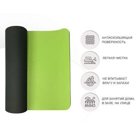 Коврик для йоги и фитнеса UNIX Fit двусторонний 180 х 61 х 0,8 см двуцветный зеленый