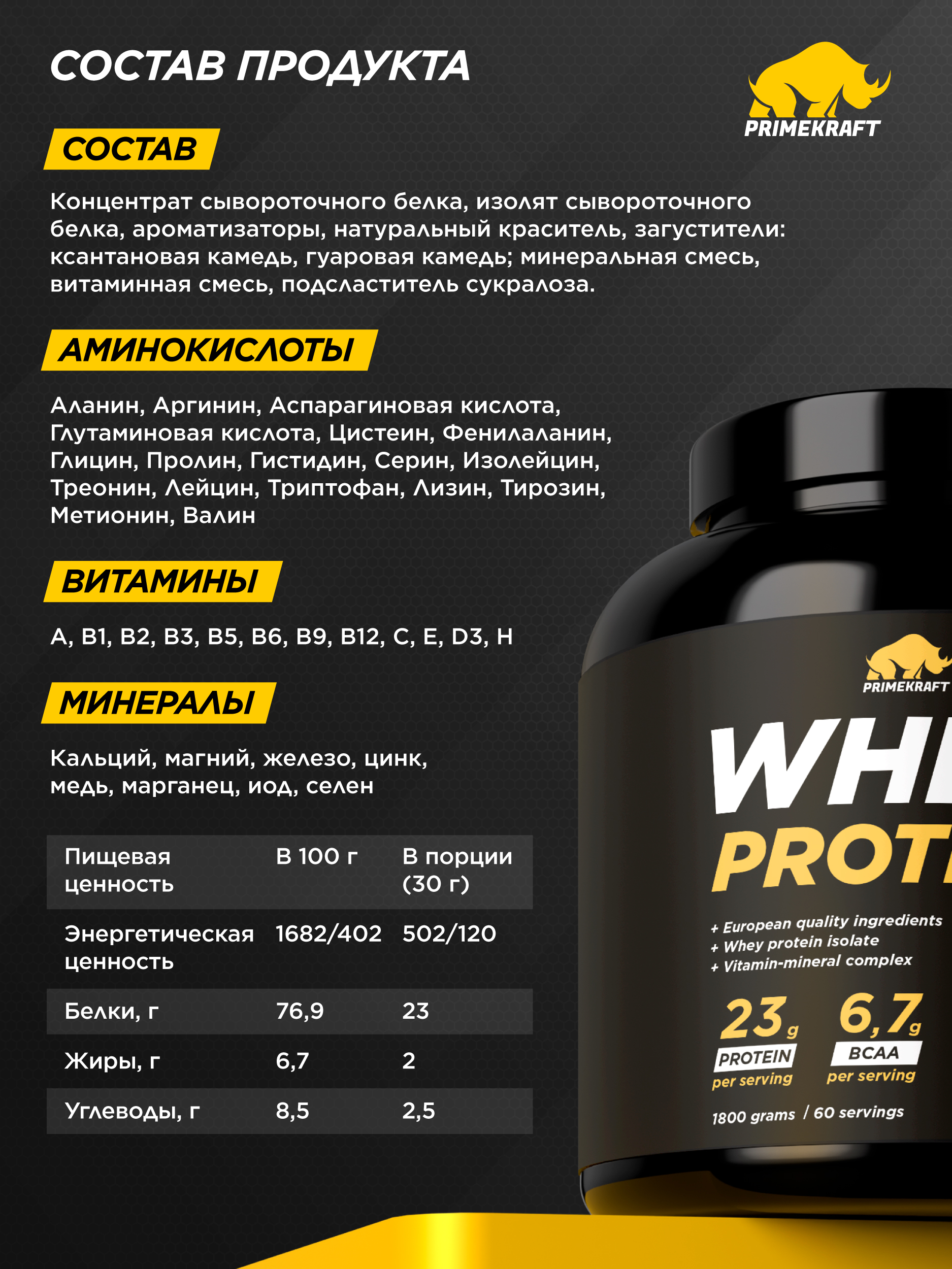 Протеин WHEY Prime Kraft Соленая карамель 1800г банка - фото 4