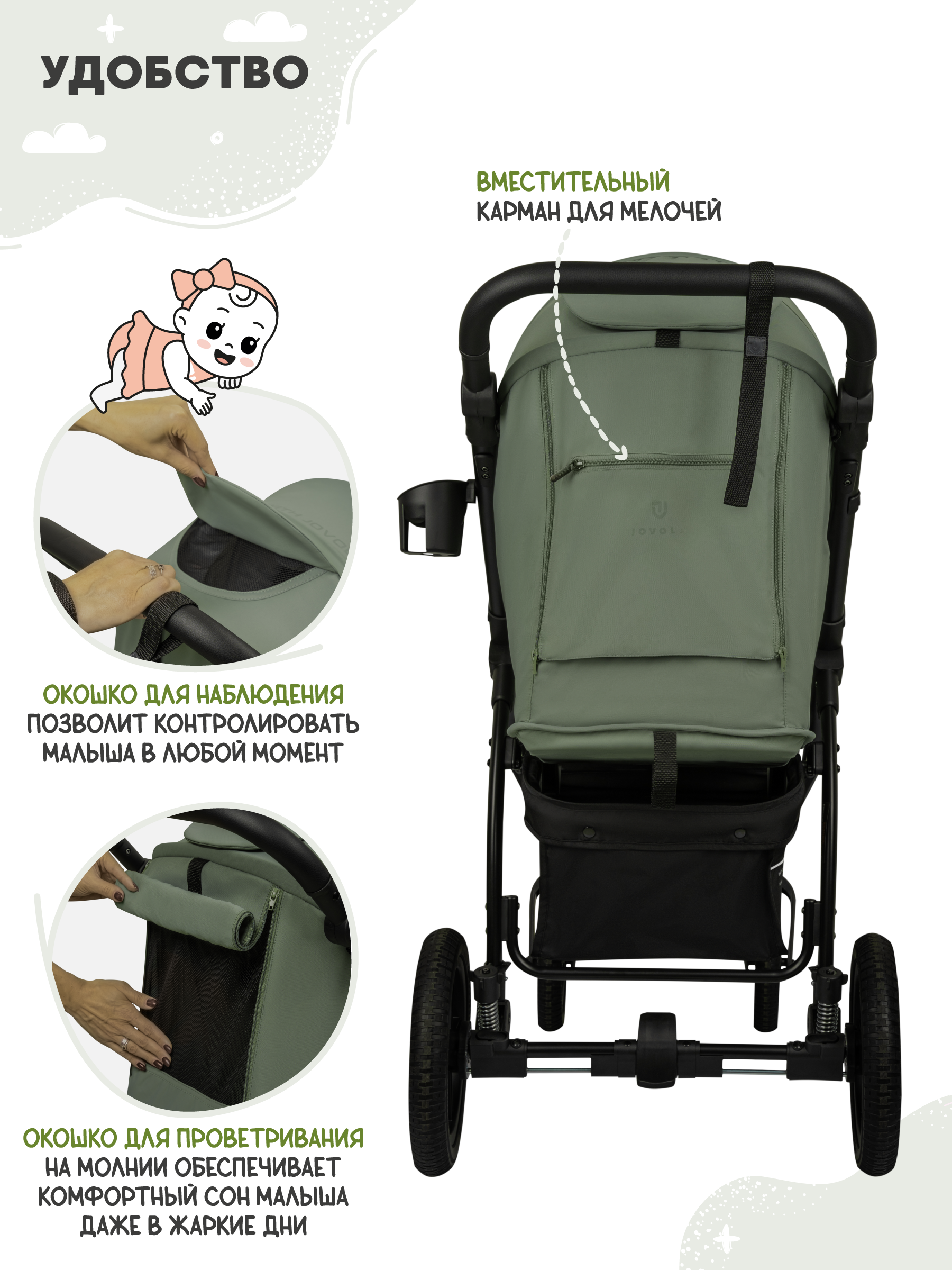 Коляска прогулочная JOVOLA Selena SL, зеленый - фото 4