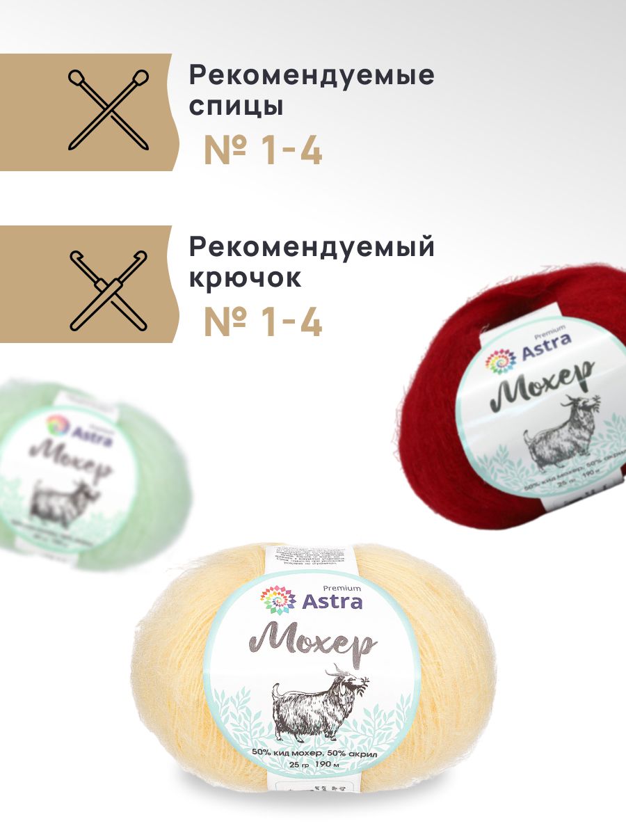Пряжа Astra Premium Мохер Mohair полушерстяная с ворсом 25 г 190 м 05 мятный 4 мотка - фото 2