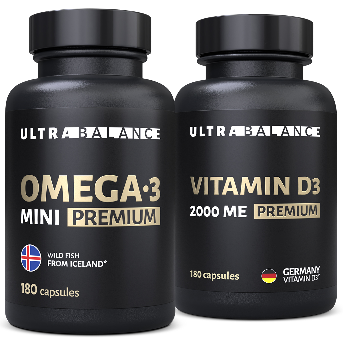 Витамины для иммунитета UltraBalance для мужчин и женщин Омега 3 мини 180 капсул и витамин Д3 2000 ме 180 капсул - фото 1