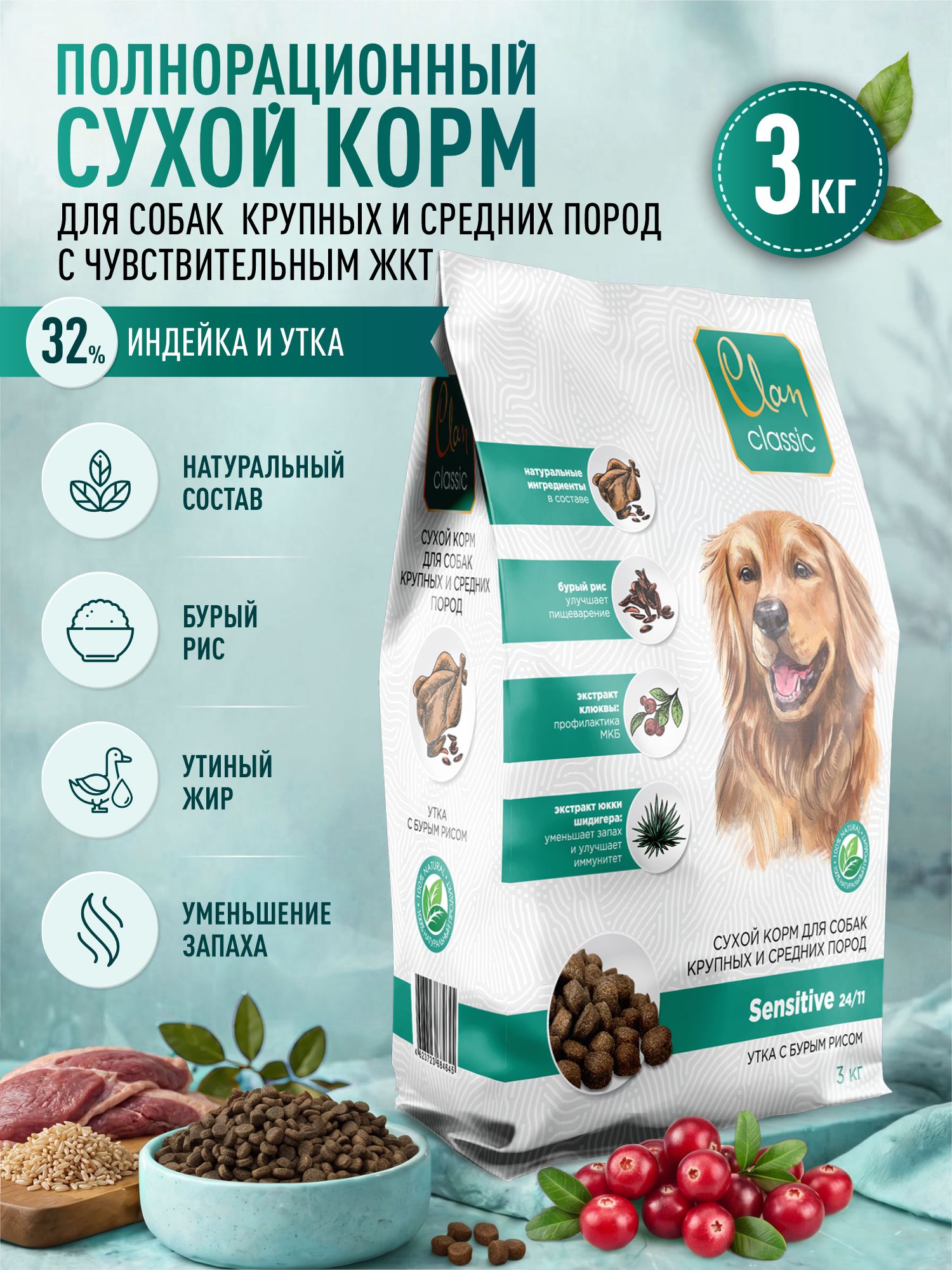 Корм для собак крупных и средних сухой Clan Classic Sensitive 24/11 с чувствительным пищеварением утка с бурым рисом 3кг - фото 1