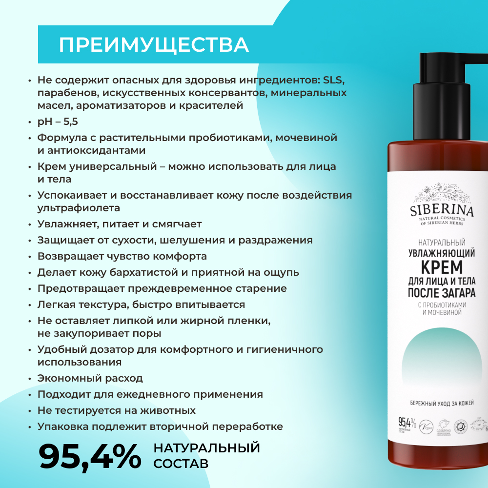 Крем для лица и тела Siberina натуральный увлажняющий после загара с пробиотиками и мочевиной 200 мл - фото 3