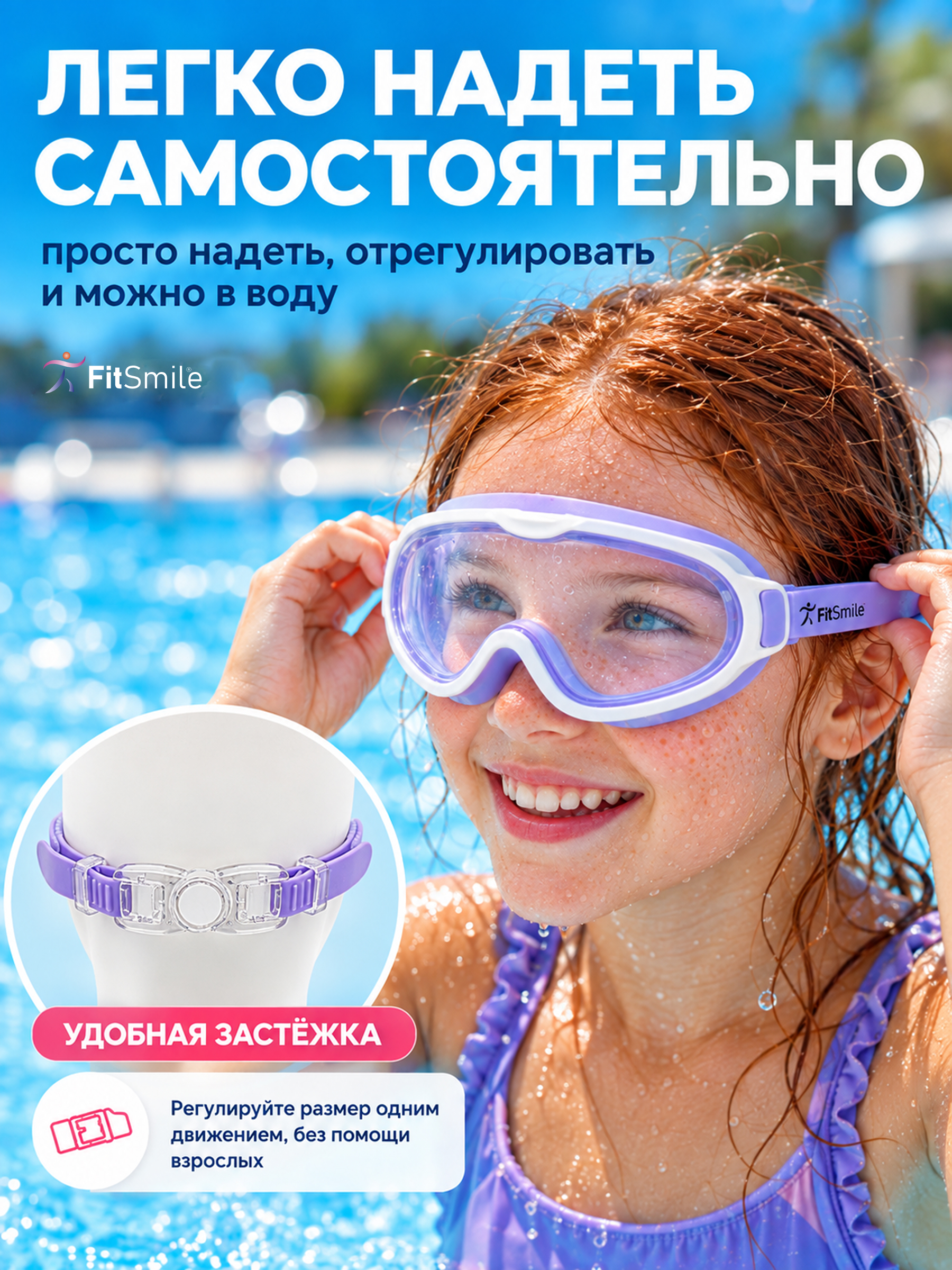 Детские очки для плавания FitSmile полумаска бело-сиреневая - фото 9