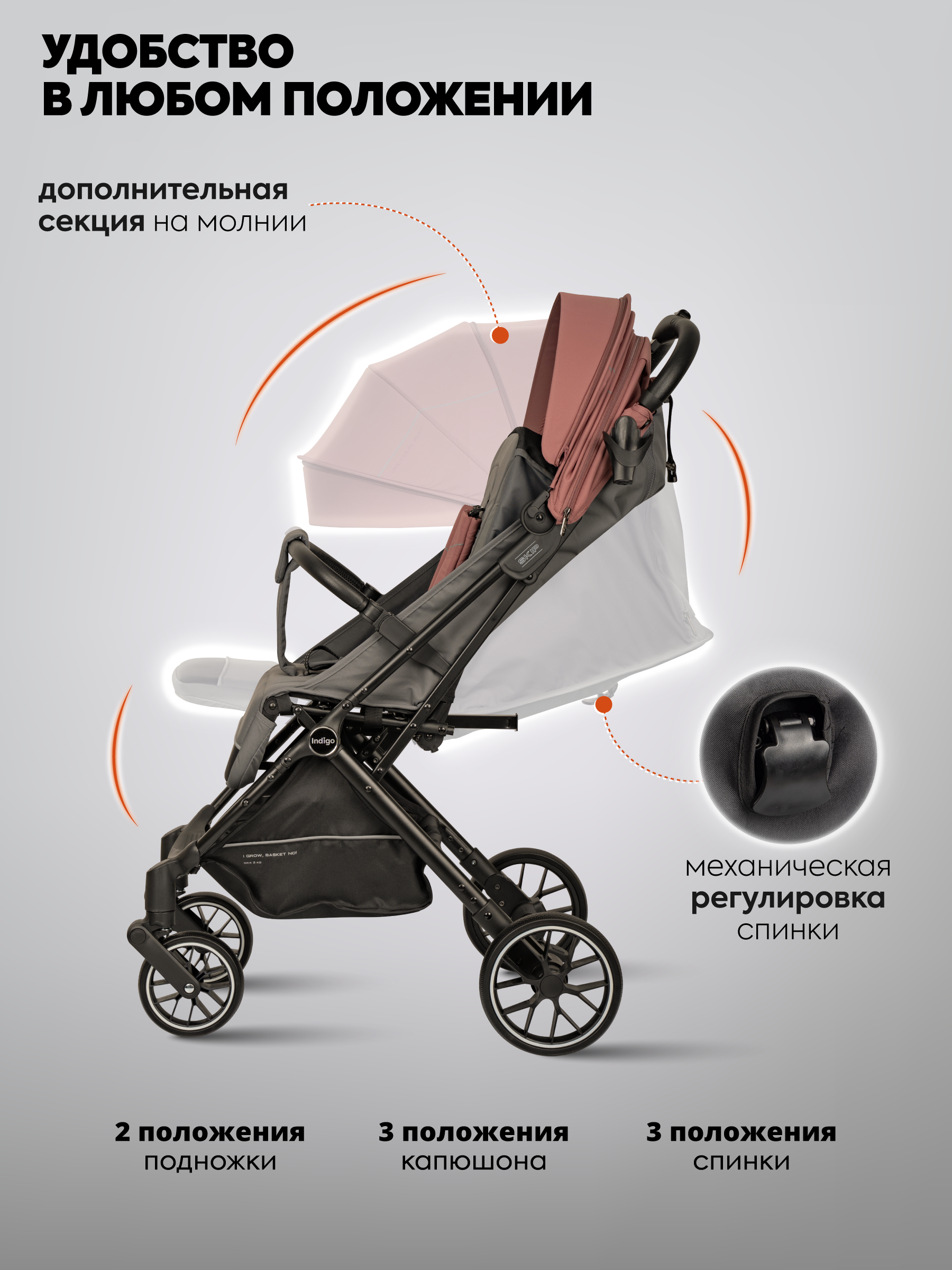 Коляска прогулочная Indigo Skip для путешествий, розовый розовый - фото 6