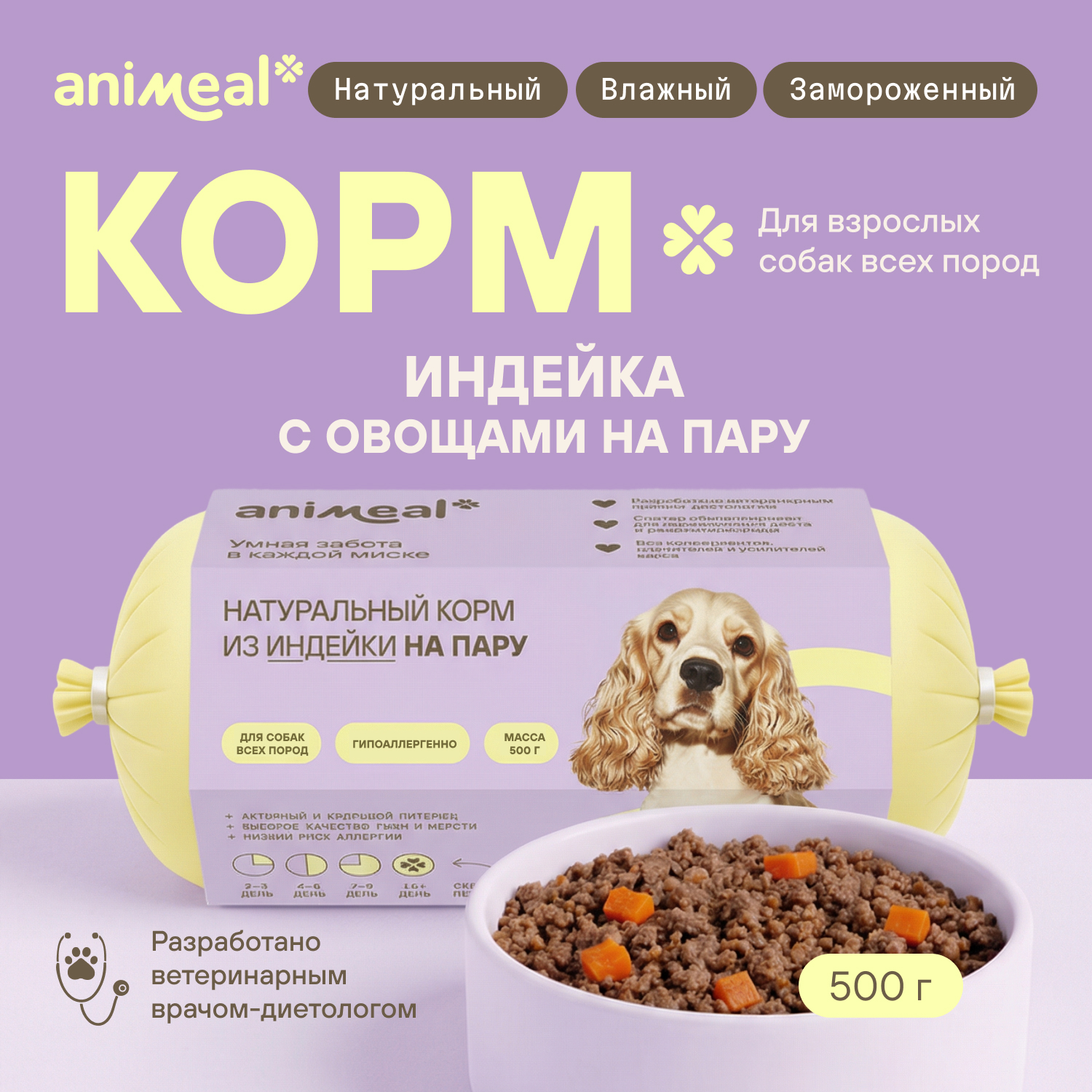 Корм для собак полнорационный натуральны animeal из индейки на пару для взрослых собак всех пород 500г - фото 1