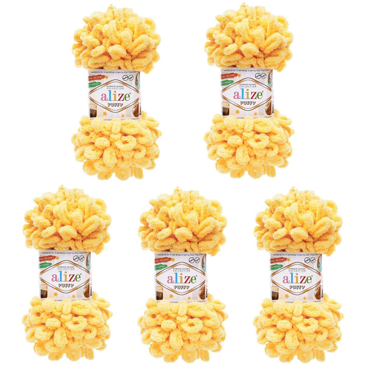 Пряжа для вязания Alize puffy 100 г 9 м микрополиэстер фантазийная плюшевая 509 желтый 5 мотков - фото 3