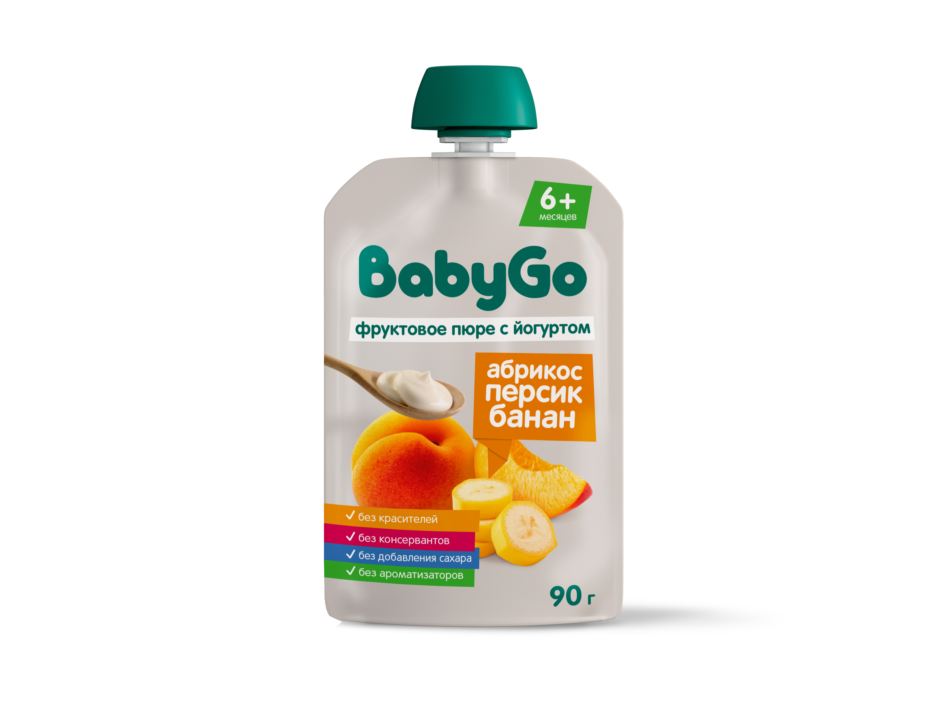 Пюре BabyGo с йогуртом банан абрикос персик с 6 мес 90 г - фото 1