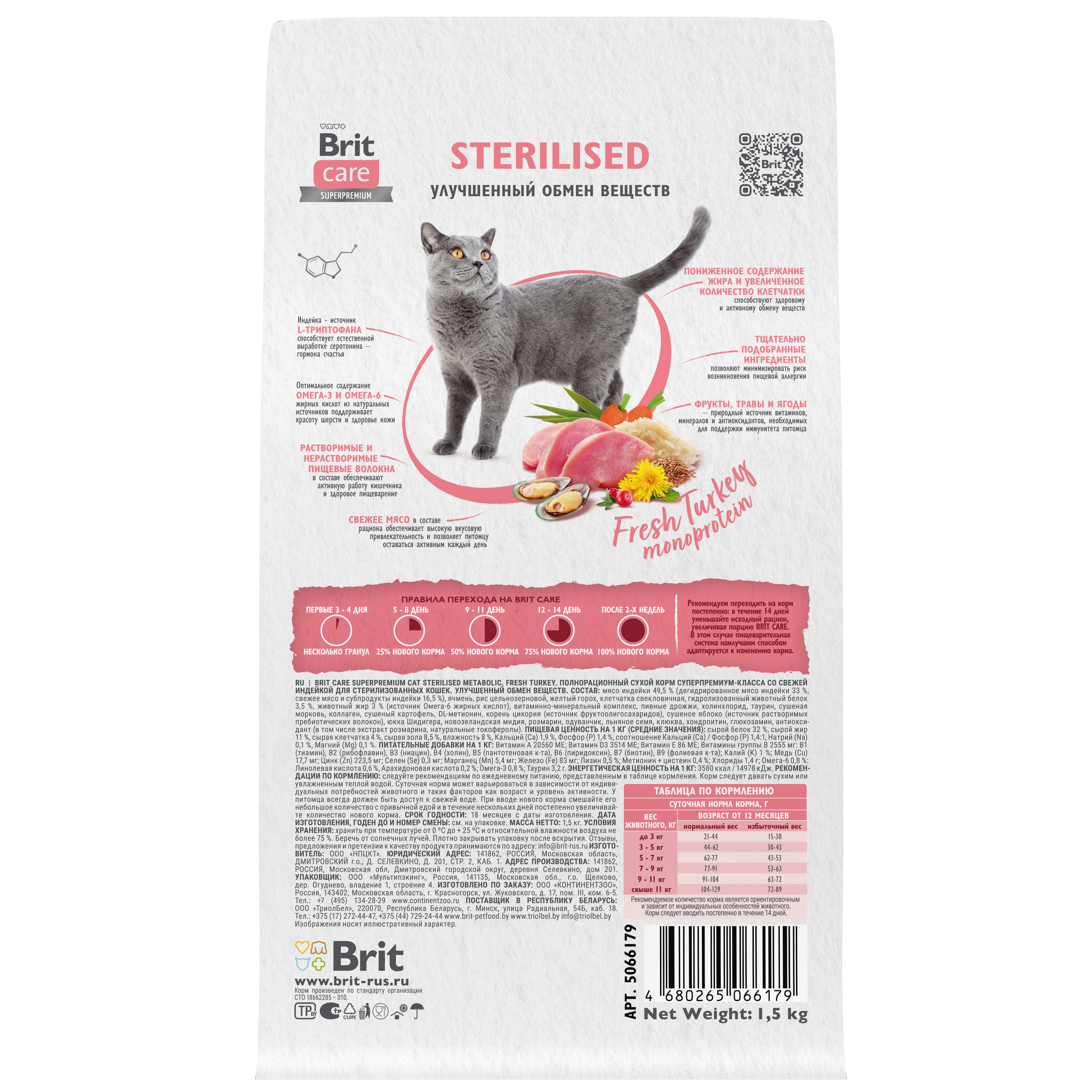 Корм для кошек Brit Care 1.5кг стерилизованных с индейкой сухой - фото 4