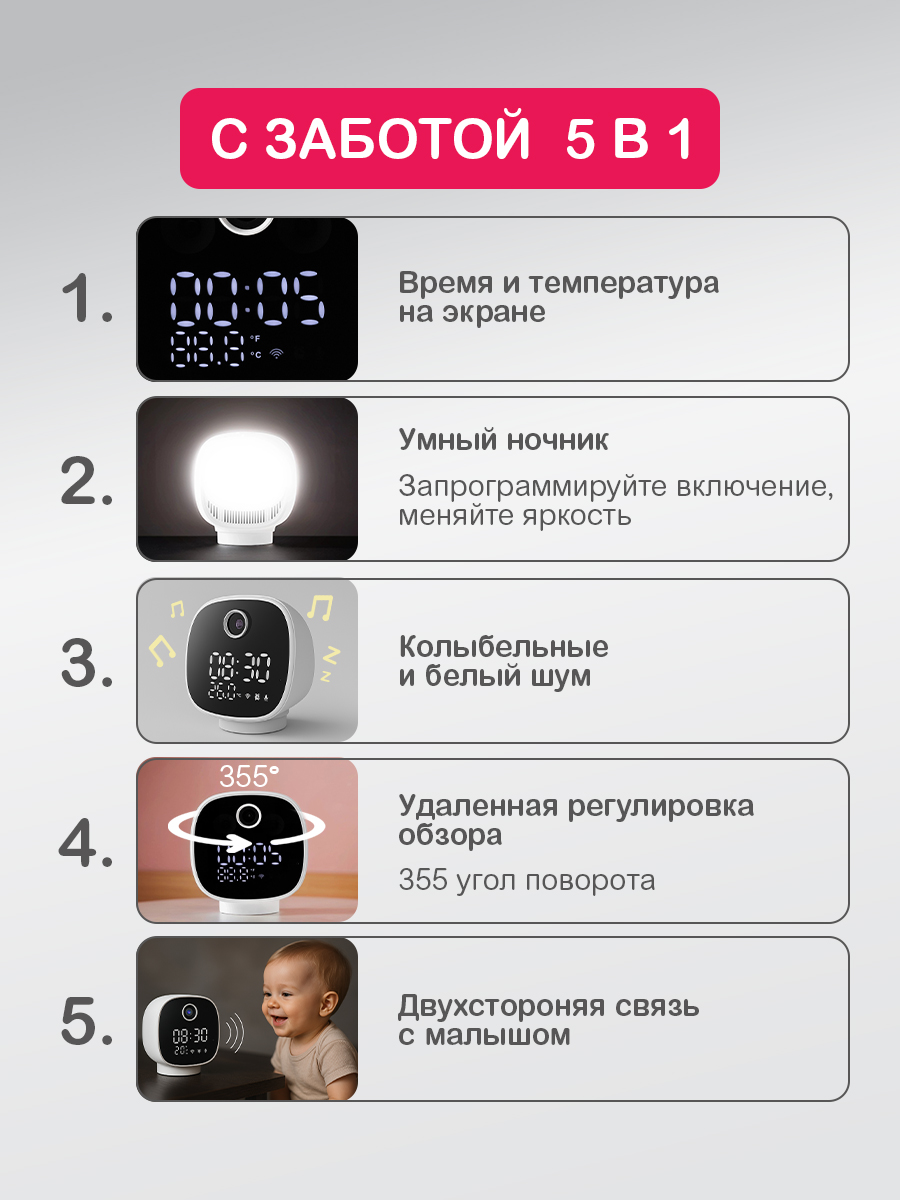 Умная Wi-Fi камера HALSA 5в1 с часами, термометром и ночником - фото 2