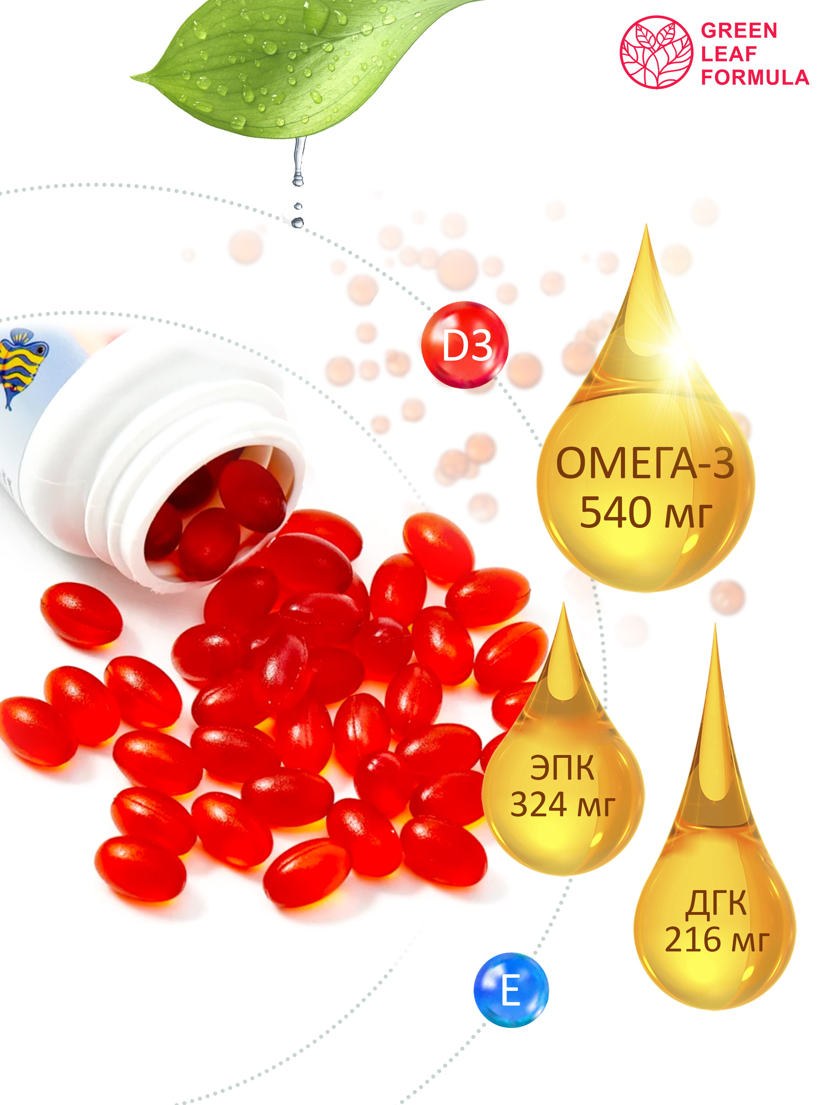 Омега 3 витамины для детей Green Leaf Formula рыбий жир с витамином D3 и Е со вкусом клубники 60 капсул - фото 3