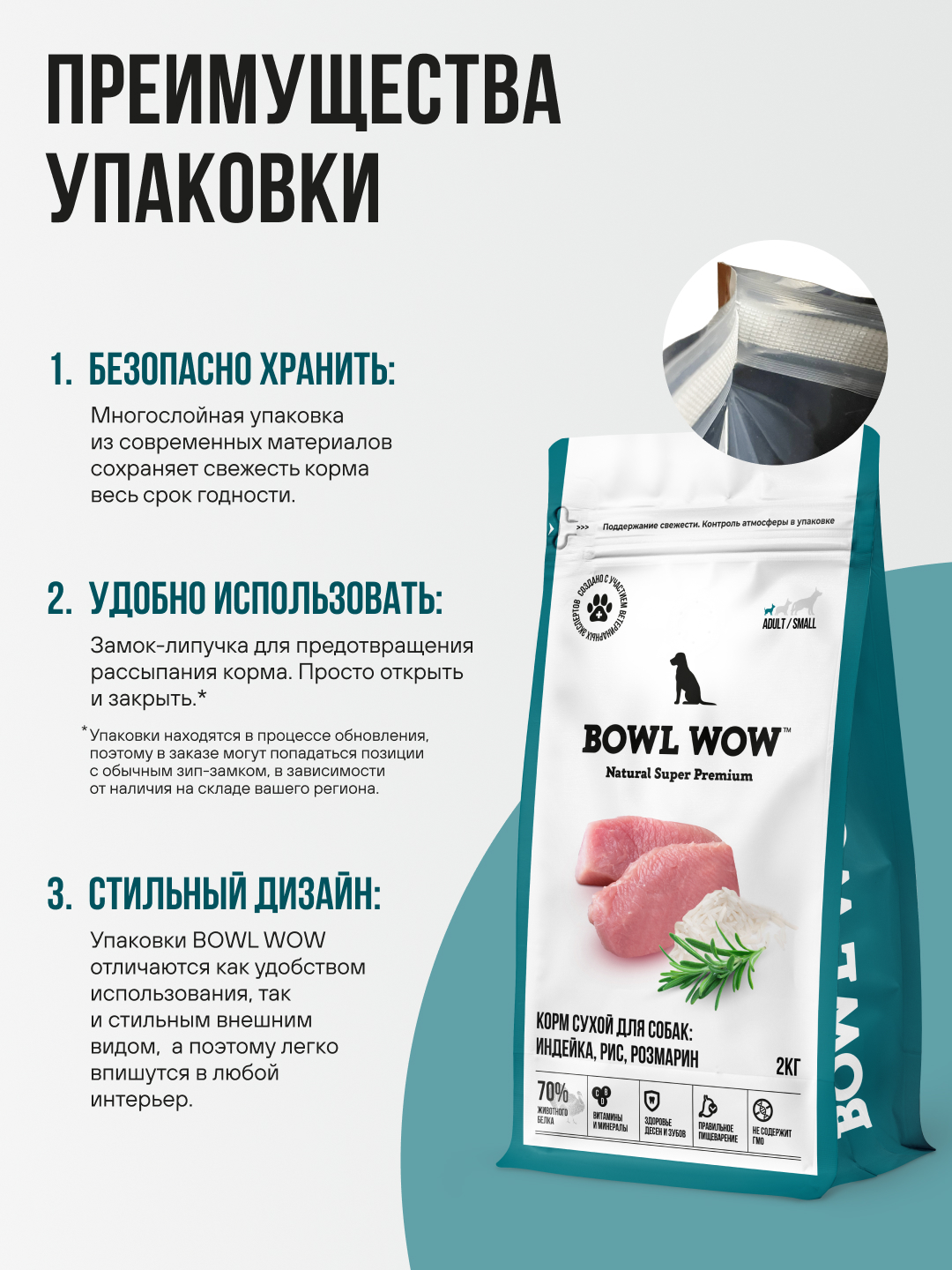 Корм сухой полнорационный BOWL WOW для взрослых собак мелких пород с индейкой, рисом и розмарином 2кг - фото 7