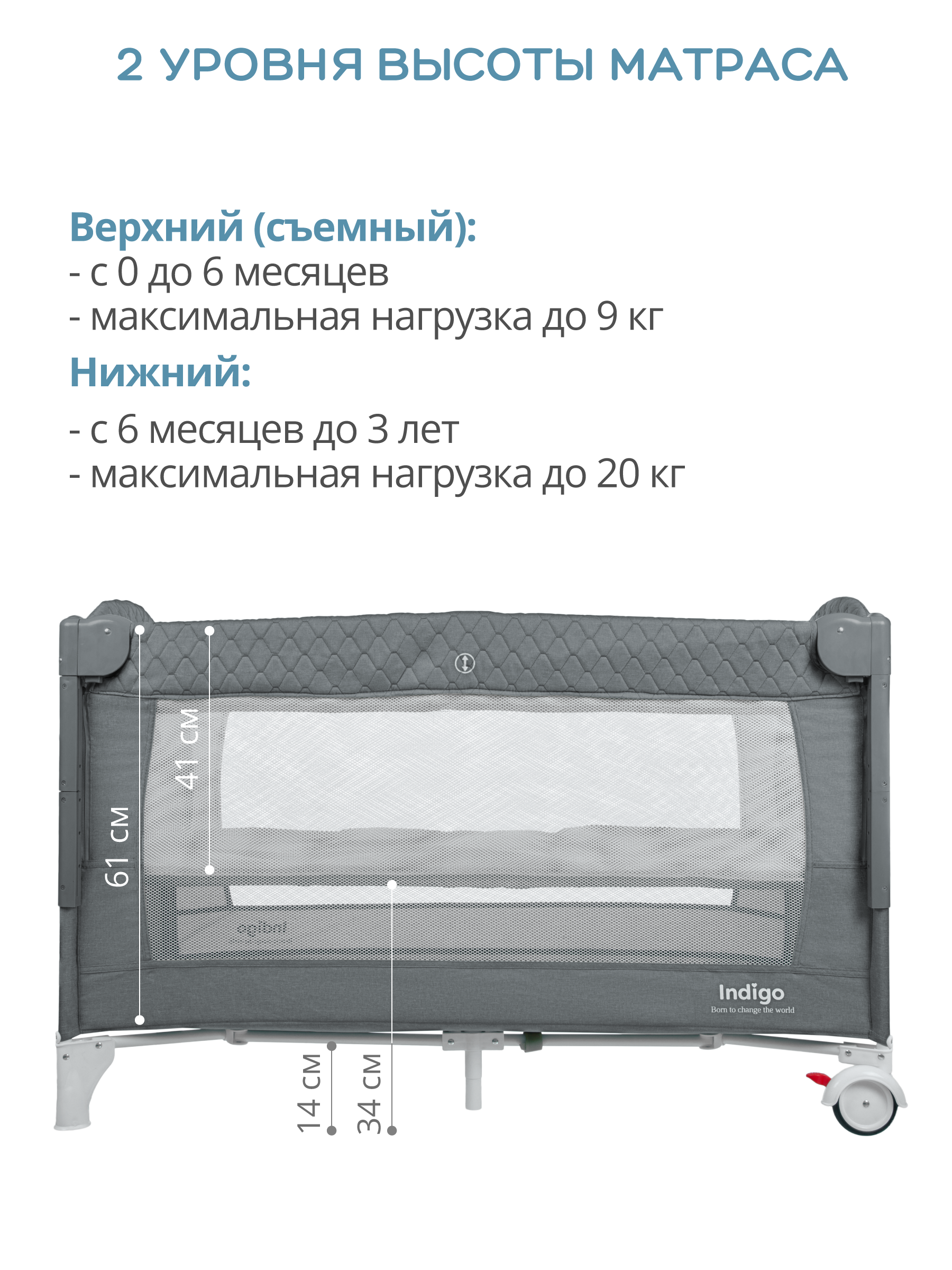 Манеж кровать и кроватка приставная 3в1 Indigo Bon-Bon 2 уровня с рождения с сумкой серый 4657833590893 - фото 8