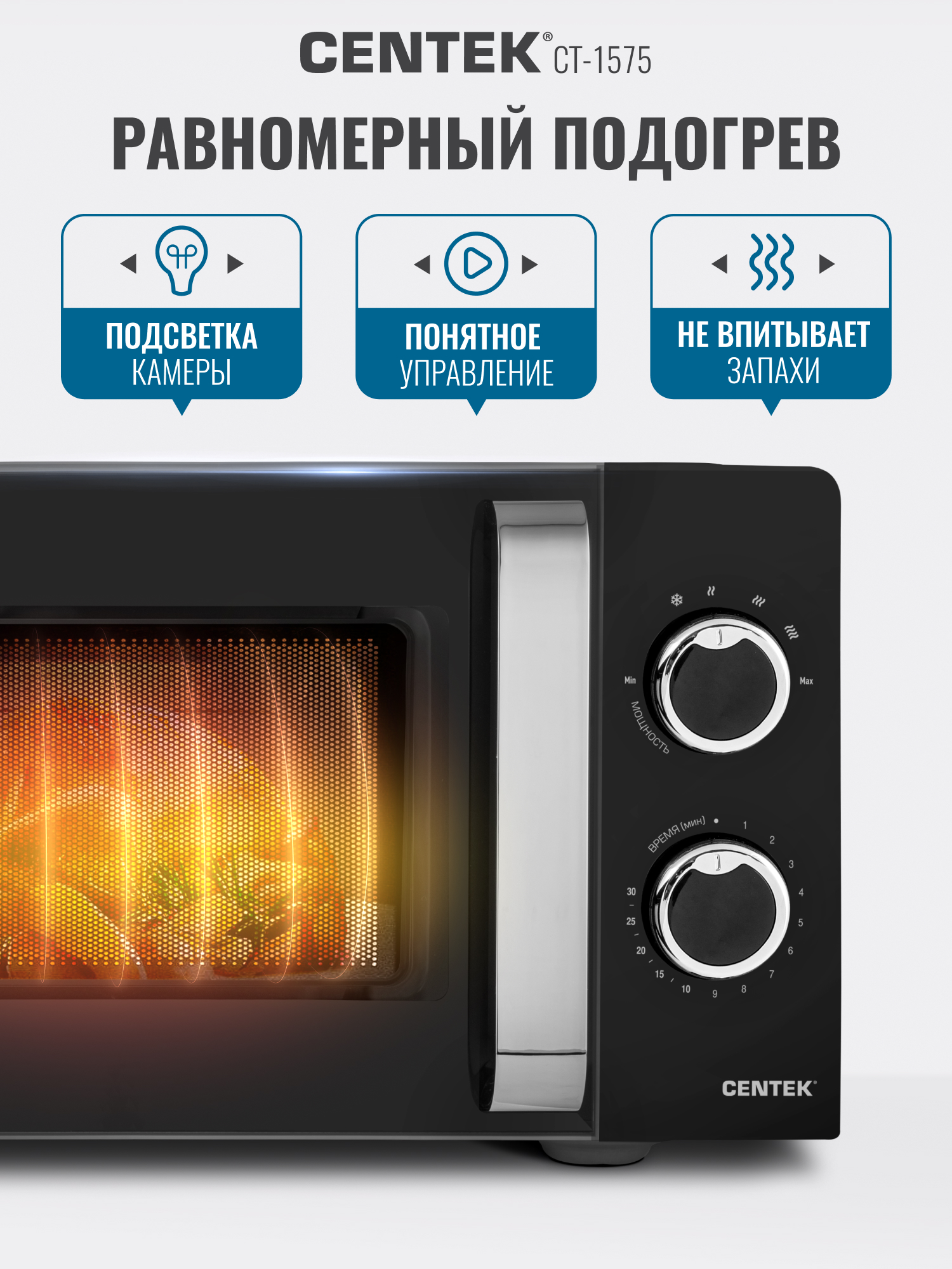 Микроволновая печь CENTEK CT-1575 Черная 700Вт 20л 6 режимов подсветка открывание дверцы ручкой - фото 4