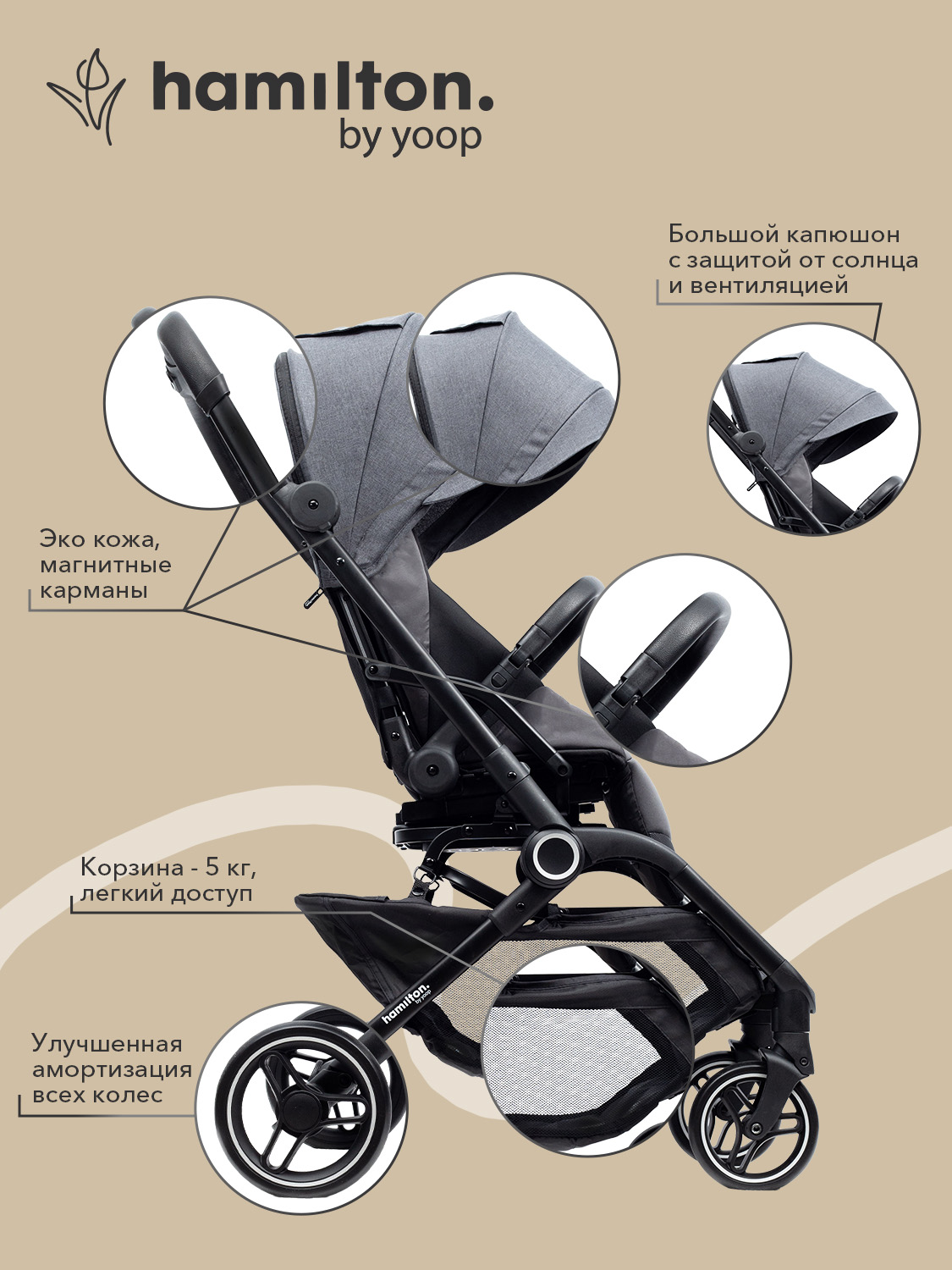 Коляска прогулочная Hamilton by Yoop T1 серый - фото 8