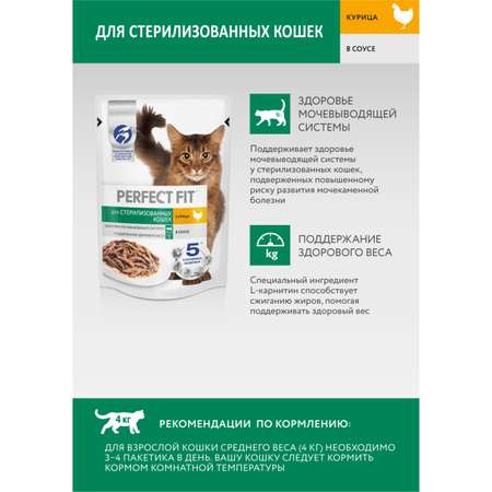 Корм для стерилизованных кошек PerfectFit с курицей в соусе 75г